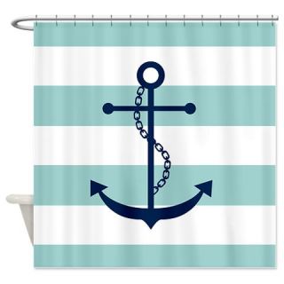  Blue Anchor on Mint Stripes Shower Curtain  Use code FREECART at Checkout