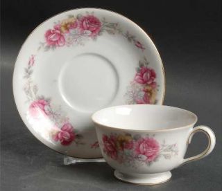 Ucagco Rose Dawn Footed Cup & Saucer Set, Fine China Dinnerware   Pink Roses,Gra