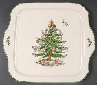 Spode Christmas Tree Green Trim Handled Square Tray, Fine China Dinnerware   New