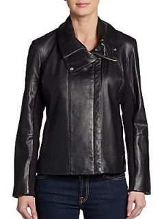 Draped Collar Leather Jacket   Black