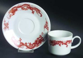 Fukagawa Dragon Red Flat Cup & Saucer Set, Fine China Dinnerware   Red Dragon On