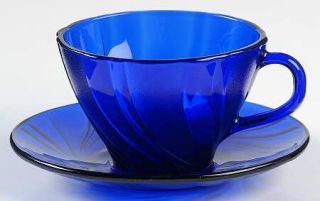 Duralex Rivage Cobalt Cup and Saucer Set   Cobalt Blue, Swirl Design