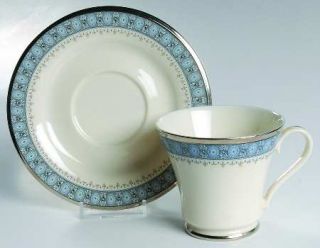 Gorham Kingsbury Footed Cup & Saucer Set, Fine China Dinnerware   Blue Band W/ B