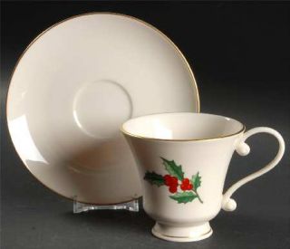 Pickard Holly Footed Cup & Saucer Set, Fine China Dinnerware   Green Holly, Red