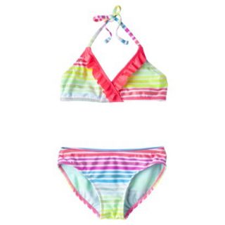 Xhilaration Girls 2 Piece Halter Striped Bikini Swimsuit   Rainbow XL