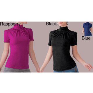 Illusion Microfiber Solid Short sleeve Rouched Turtleneck Blouse