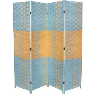 Hand crafted 4 panel Beach Blue/ Natural Paper Straw Weave Screen (Beach blue/ naturalMaterials Paper strawQuantity One (1) screenSetting IndoorDimensions 70.75 inches high x 70.5 inches wide x 0.75 inch thickCare instructions Dust with dry cloth )