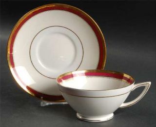 Minton Crimson Ivory Footed Cup & Saucer Set, Fine China Dinnerware   Ruby & Gol