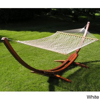 Wood Arc Hammock Stand And Poly Rope Set (White, brown Rope Hammock Size 5 feet wide over 7 feet long from spreader bar to spreader bar Extra thick extra soft spun 8mm polyester rope is comfortable and durableAssembly tools includedAssembly Required 5 fe