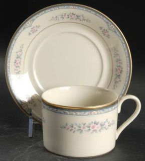 Mikasa Tea Rose Flat Cup & Saucer Set, Fine China Dinnerware   Blue & Gray Bands