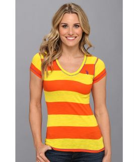 U.S. Polo Assn Wide Striped V Neck T Shirt Womens T Shirt (Yellow)