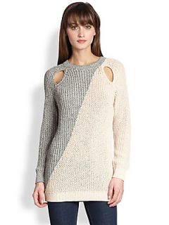 BCBGMAXAZRIA Open Yoke Colorblock Sweater   Grey/Beige
