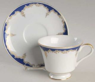 Seyei Baron Footed Cup & Saucer Set, Fine China Dinnerware   Blue Border With