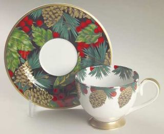 Fitz & Floyd Holiday Pine Footed Cup & Saucer Set, Fine China Dinnerware   Holly