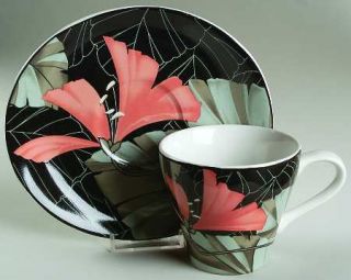 Misono Artistica Flat Cup & Saucer Set, Fine China Dinnerware   Peach & Black