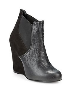 Leigh Croc Embossed Leather & Suede Ankle Boots   Black