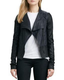 Womens Colorblock Asymmetric Leather Jacket, Coastal/Black   Vince