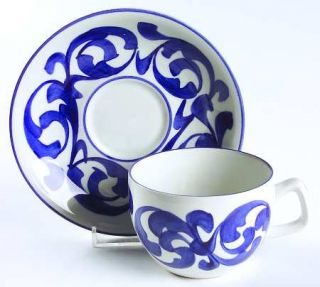 Royal Cauldon Blue Scroll Flat Cup & Saucer Set, Fine China Dinnerware   White B