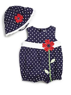 Hartstrings Infants Two Piece Polka Dot Bubble Coverall & Hat Set   Navy