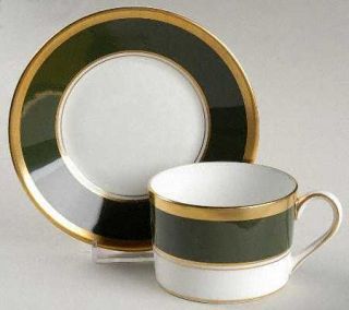 Coalport Ventura Flat Cup & Saucer Set, Fine China Dinnerware   Dark Green Rim,