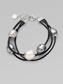 Majorica 12MM Baroque White, Grey & Nuage Pearl Leather Bracelet    Pearl