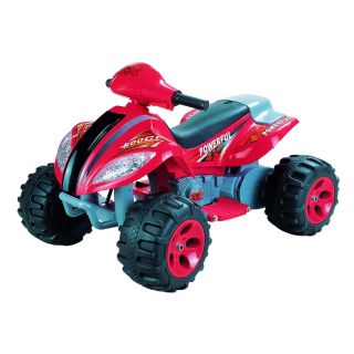 Max Quad Red 6 Volt Battery Operated Ride on (RedOn/off power switchDrives forward and reverseWorking horn Pedal accelerateSpeed 3 mphBattery 6vWeight capacity 66 poundsRecommend for children ages 3 to 8 years oldMaterials Plastic/electronic component