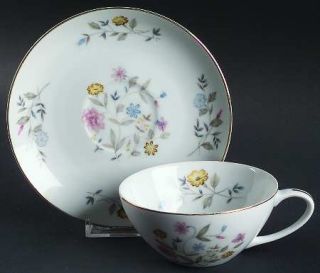Flair Blossom Time Flat Cup & Saucer Set, Fine China Dinnerware   Blue,Pink,Yell