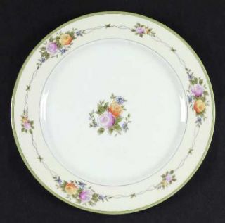 Japan China Jap193 Dinner Plate, Fine China Dinnerware   Green Band, Floral  Spr