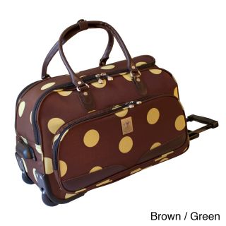Jenni Chan Dots 20 inch Carry on Wheeled Upright Duffel Bag (Brown/pink, brown/greenWeight 5.65 poundsMulti organizerInsulated full zipper back pocketPockets Two (2)Carrying strap NoHandle YesWheeled Yes Wheel type InlineClosure Zipper topLocks No