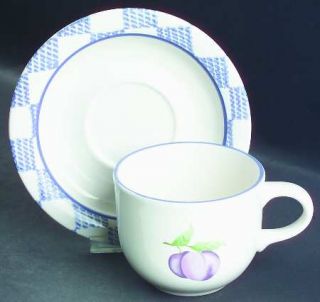 Pfaltzgraff Hopscotch (Fruit) Flat Cup & Saucer Set, Fine China Dinnerware   Fru