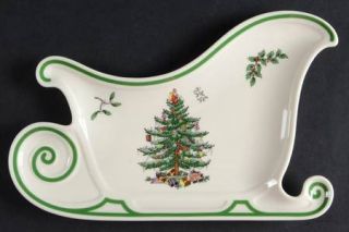 Spode Christmas Tree Green Trim Sleigh Shaped Plate, Fine China Dinnerware   New