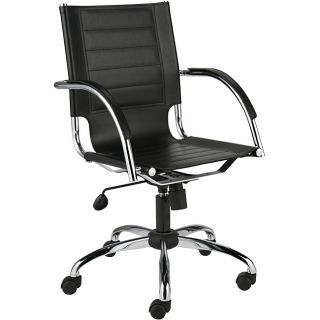 Dave Black Leather Office Chair (Black/chromeMaterials Leather/chromed steel frameFinish Chromed steel frameSeat height 17.5 21 inchesAdjustable height 37 40.5 inches highRubber lined casters for wooden floorsLeather arm restsDimensions 22 inches wid