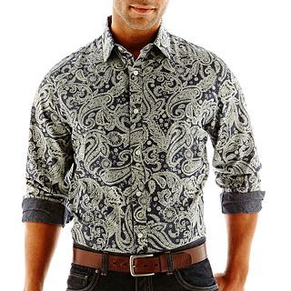 CLAIBORNE Patterned Denim Shirt, Indigo Wash Cbo, Mens