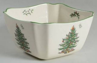 Spode Christmas Tree Green Trim 6 Square Bowl, Fine China Dinnerware   Newer Ba