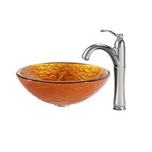 Kraus C GV 392 19mm 1005CH Nature Blaze Glass Vessel Sink and Riviera Faucet Chr