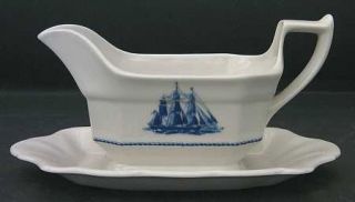 Wedgwood American Clipper Blue Gravy Boat with Attached Underplate, Fine China D
