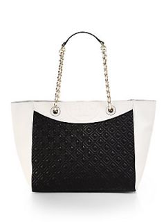 Tory Burch Fleming Quilted Colorblock Tote   Black