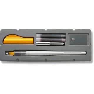 Pilot Calligraphy Pen With Parallel Plate Nib, Silver Barrel With Orange Cap With Red And Blue Ink Cartridges, 2.4mm (Product has silver barrel and orange capModel PIL90051Dimensions 11 x 9 x 1 2.4mm Ink Color Red and blue Grip Type SmoothComes with t