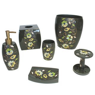 Sherry Kline Jacquelyn Bath Accessory 6 piece Set (Dark moss green, gold Materials Resin Set includesSoap dish 1.5 inches high x 5 inches wide x 4 inches deepTumbler 4.75 inches high x 3.5 inches in diameter Toothbrush holder 4.5 inches high x 4.75 in