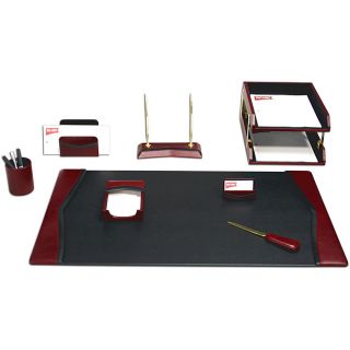 Dacasso Burgundy Leather 10 piece Desk Set (BurgundySet includes34 x 20 desk pad 4 x 6 memo holder Business card holder Pencil cup Letter opener Two (2) letter trays Letter holder Gold tray posts Double pen stand )