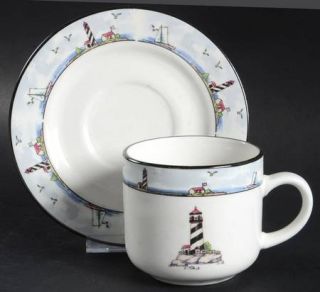 Totally Today Coastal Lighthouse Flat Cup & Saucer Set, Fine China Dinnerware  
