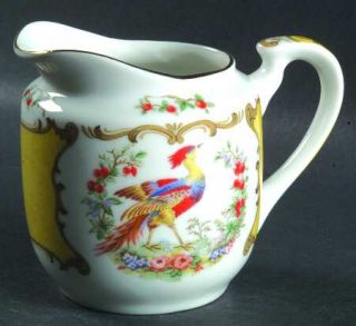 Sadek Kingscote Creamer, Fine China Dinnerware   Yellow Rim, Scrolls, Multicolor