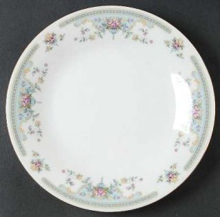 Winley Wle4 Salad Plate, Fine China Dinnerware   Pink Roses,Yellow Scrolls,Blue