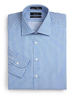 Three Striped Cotton Button Front Shirt/Slim Fit   Blue