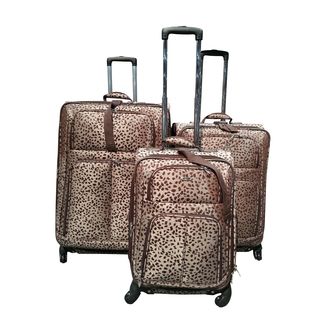 Kemyer Classic Collection Brown Cheetah 3 piece Spinner Luggage Set (Brown cheetah print jaquardMaterials PolyesterPockets Two exterior pockets, two interior zipper pocketsCarrying handle Two handlesWheeled YesWheel type SpinnersExterior Dimensions29