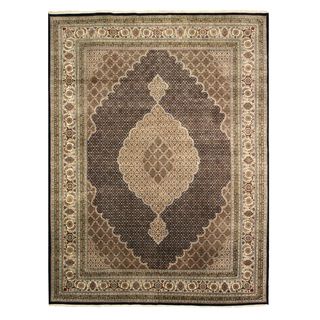 Eorc Black Hand knotted Wool and Silk Tabriz Mahi Rug (26 X 6)