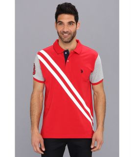 U.S. Polo Assn Small Pony Diagonal Stripe Polo w/ Solid Sleeve Mens Short Sleeve Pullover (Red)