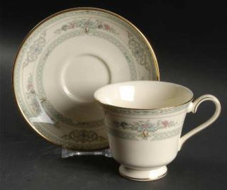 Minton Beaumont Footed Cup & Saucer Set, Fine China Dinnerware   Blue Floral & S