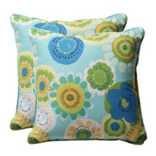 Outdoor 2 Piece Square Toss Pillow Set   Blue/Green Floral 18