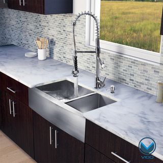 Vigo All in one 36 inch Farmhouse Stainless Steel Double Bowl Kitchen Sink/ Chrome Faucet Set